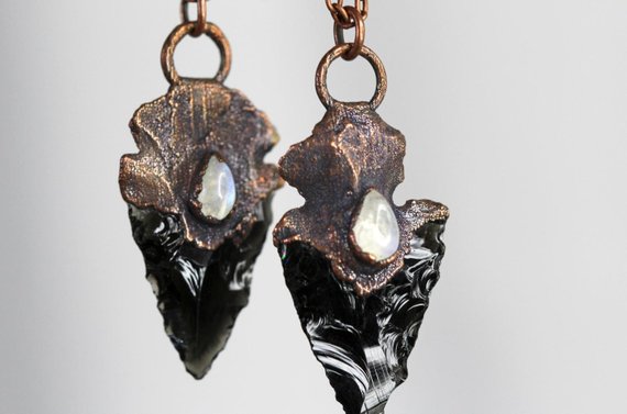 Arrowhead Necklace - Rainbow Moonstone Pendant - Black Obsidian Jewelry