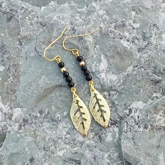 Black Tourmaline And Gold Leaf Charm Earrings,  Jewelry For Women, Free Shipping, Gifts For Her