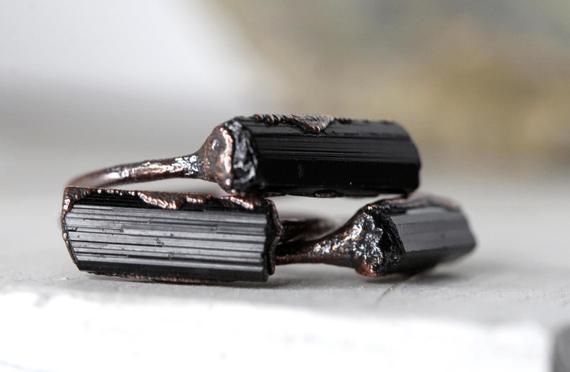 Raw Black Tourmaline Ring - Copper Tourmaline Ring - Black Crystal