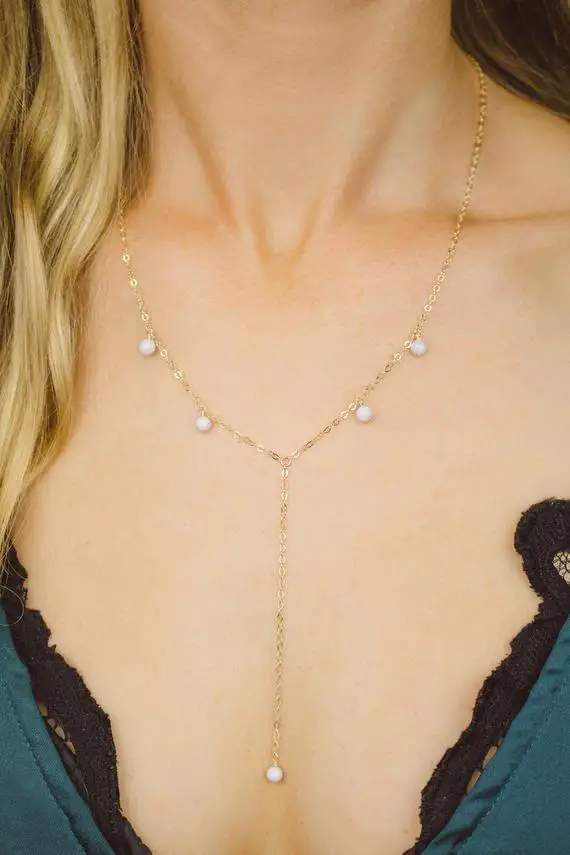 Blue Lace Agate Boho Bead Drop Lariat Necklace In Bronze, Silver, Gold Or Rose Gold - 18" Chain With 2" Adjustable Extender And 3" Drop