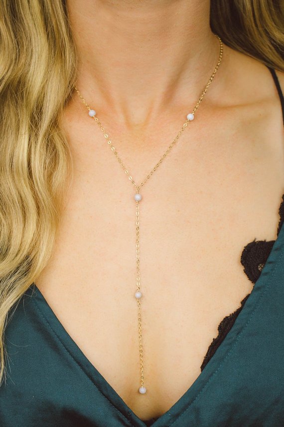 Blue Lace Agate Crystal Beaded Chain Lariat Necklace In Bronze, Silver, Gold Or Rose Gold. 16" Chain With 2" Adjustable Extender And 4" Drop