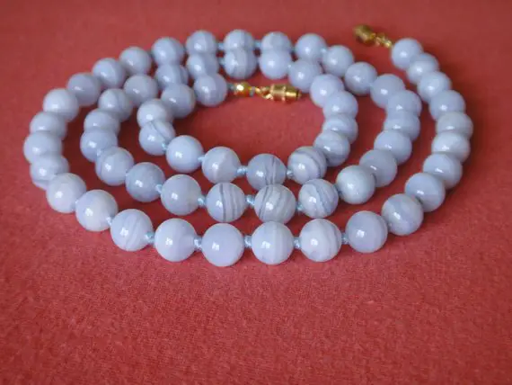 Blue Lace Agate Necklace. Genuine Stone. 8mm Round Beads. 25 Inches Long. Hand Knotted. Grade 'a' Therapeutic Necklace. Mapenzigems