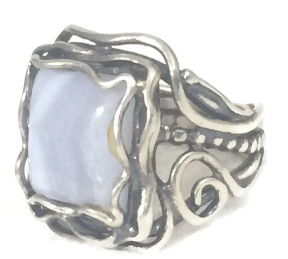 Blue Lace Agate Ring Size 5 Plus Israeli Ring Size 5 Women Ring Size 5 Wire Wrapped Ring Sterling Silver Ring Boho Ring Size 5 Agate Ring