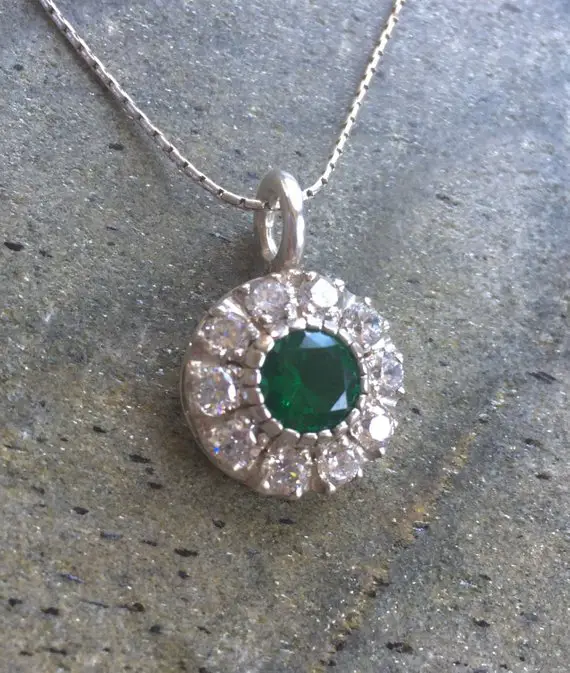 Victorian Pendant, Emerald Pendant, Created Emerald, Diamonds Pendant, Round Pendant, Cz Diamonds, Vintage Pendant, Silver Pendant