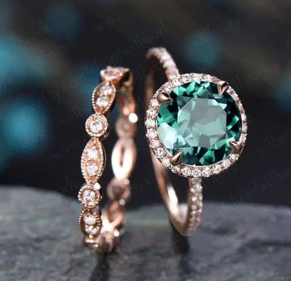 Emerald Ring Vintage Emerald Engagement Ring Set Rose Gold Full Eternity Matching Marquise Diamond Halo Ring Band Bridal Wedding Ring Set