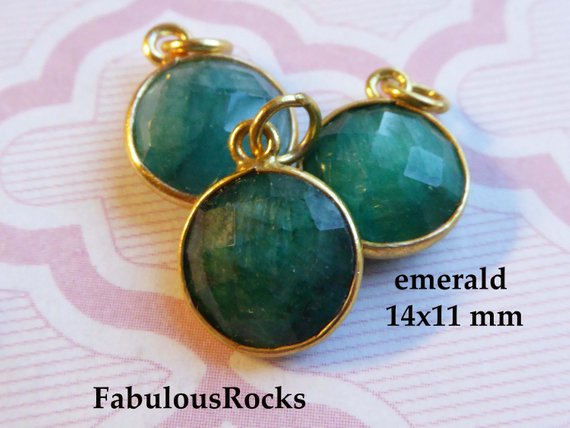 Gemstone Pendant May Birthstone Charm / Emerald Gem Stone / 24k Plated Or Sterling Silver Bezel 14x11 Mm Round, Jewelry Supplies Gcp6 Gp Ll