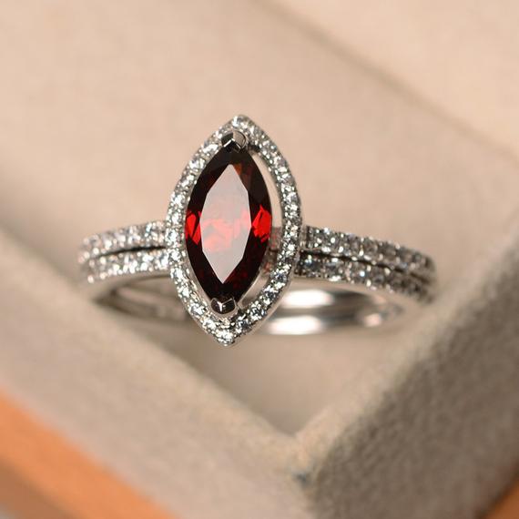 Red Garnet Ring, Silver Engagement Ring, January Birthstone, Halo Ring, Matching Band