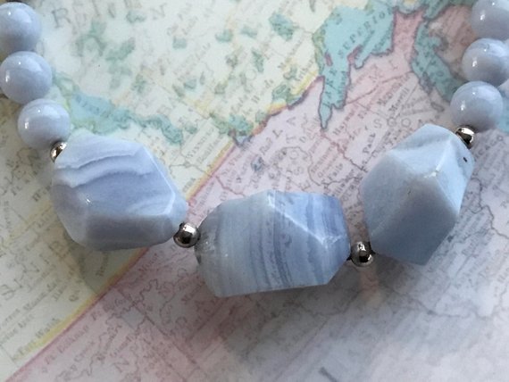 Genuine Blue Lace Agate Necklace With Sterling Silver Accent Beads