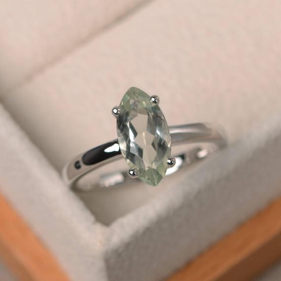 Solitaire Ring, Natural Green Amethyst Ring, Engagement Ring, Marquise Cut Gemstone