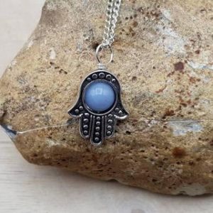 Hamsa Angelite pendant. Blue Reiki jewelry uk. Hamsa necklace. Luck protection symbol. Boho hippie necklaces for women | Natural genuine Array jewelry. Buy crystal jewelry, handmade handcrafted artisan jewelry for women.  Unique handmade gift ideas. #jewelry #beadedjewelry #beadedjewelry #gift #shopping #handmadejewelry #fashion #style #product #jewelry #affiliate #ad