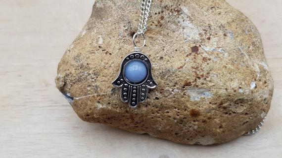 Hamsa Angelite Pendant. Blue Reiki Jewelry Uk. Hamsa Necklace. Luck Protection Symbol. Boho Hippie Necklaces For Women