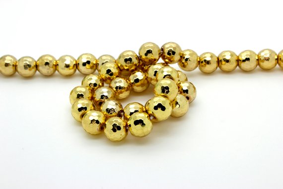 Hematite, Gold Hematite Faceted Round Ball Sphere Loose Gemstone Beads - (6mm, 8mm, 10mm, 12mm) - Rnf56