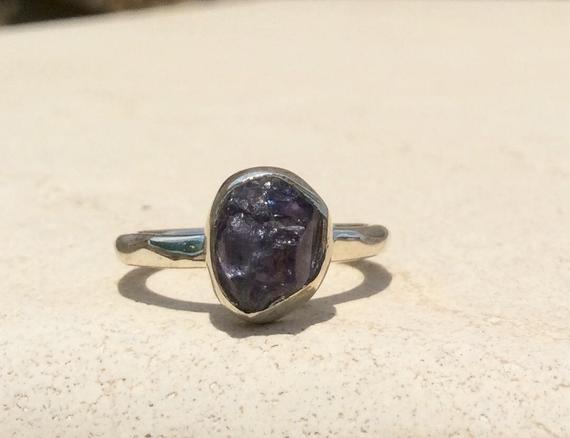 Raw Stone Ring, Iolite Silver Ring, Natural Blue Stone Ring