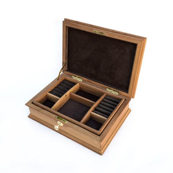 Vintage Wood Jewelry Box With Tray, Lock & Key - Burl Walnut