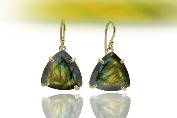 Labradorite Triangle Earrings · Gold Hook Earrings · Dangle Earrings · Mystical Semiprecious Earrings · Enchanting Earrings