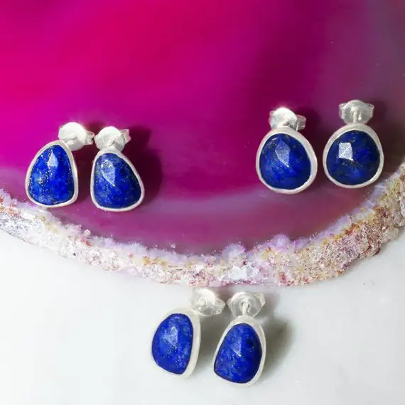 Silver Earrings-stud Earrings-lapis Lazuli Earrings-gemstone Earrings-blue Stone Jewelry-semi Precious Stone-lapis Lazuli Studs-blue Pyrite