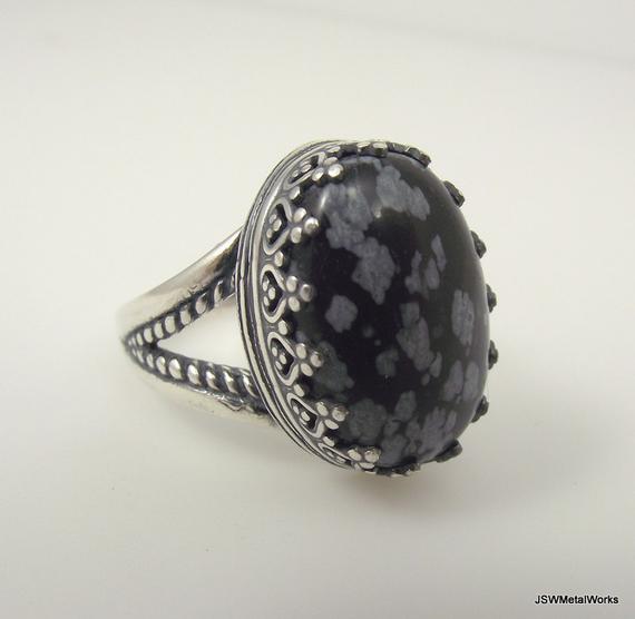 Large Victorian Sterling Silver Snowflake Obsidian Ring, Ornate Silver Filigree Ring Size 7