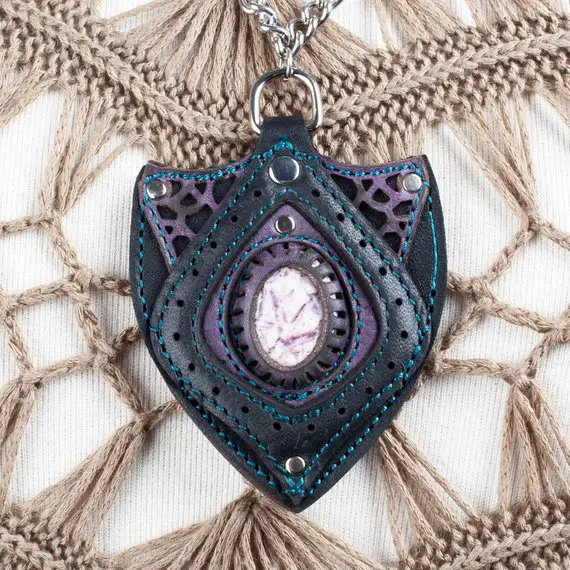 Lepidolite Necklace, Gemstone Pendant, Leather Pendant, Leather Amulet, Crystal Jewelry, Elven Jewelry, Valentines Gift, Lepidolite Pendant