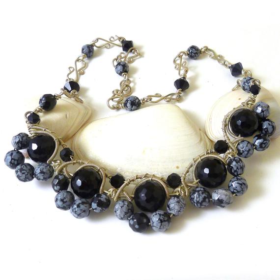 Onyx And Snowflake Obsidian Necklace - Midnight Dreaming