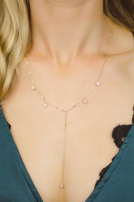 Pink Peruvian Opal Boho Bead Drop Lariat Necklace In Bronze, Silver, Gold Or Rose Gold - 18" With 2" Extender & 3" Drop. October Birthstone