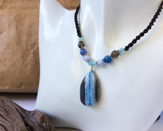 Blue Opal Pendant Necklace, Teardrop Shape Blue Opal, Blue Beaded Stones Macrame Necklace, Blue Opal Silver Pendant Necklace, One Of A Kind