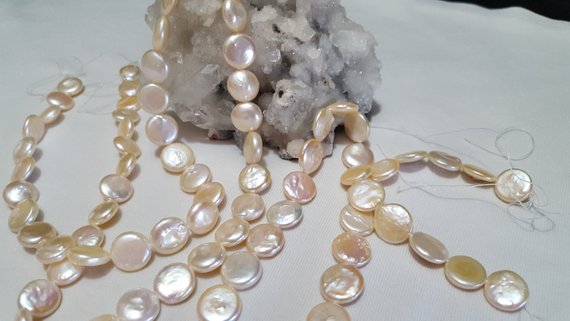 Freshwater Pearl Coin Beads, Freshwater Pearl Peach Color, Full Strand, 11-11.5mm Coin, Beautiful Iridescent Natural Color, Great Luster