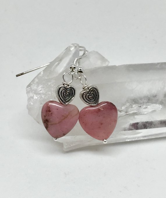 Pink Heart Silver Earrings, Rhodonite Pink Stone Jewelry, Gemstone Earrings
