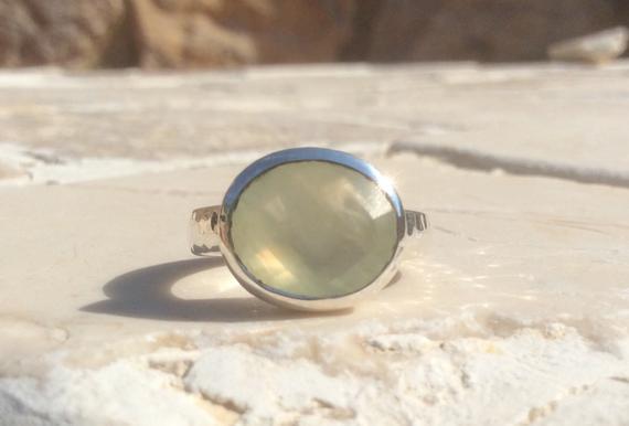 Prehnite Silver Gemstone Ring, Large Oval Faceted Stone Ring, Hammered Silver, Gift For Her