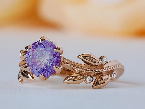 Purple Engagement Ring, Purple Wedding Ring, Purple Promise Ring, Solid Gold Amethyst Ring, 18k Amethyst Ring, 14k Amethyst Diamond Ring