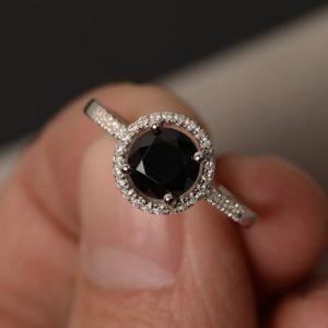 Shop Spinel Rings! Rings Black Halo Ring Black Spinel Ring Promise Ring for Girl Round Cut Black Rings Engagement Ring Sterling Silver 925 | Natural genuine Spinel rings, simple unique alternative gemstone engagement rings. #rings #jewelry #bridal #wedding #jewelryaccessories #engagementrings #weddingideas #affiliate #ad