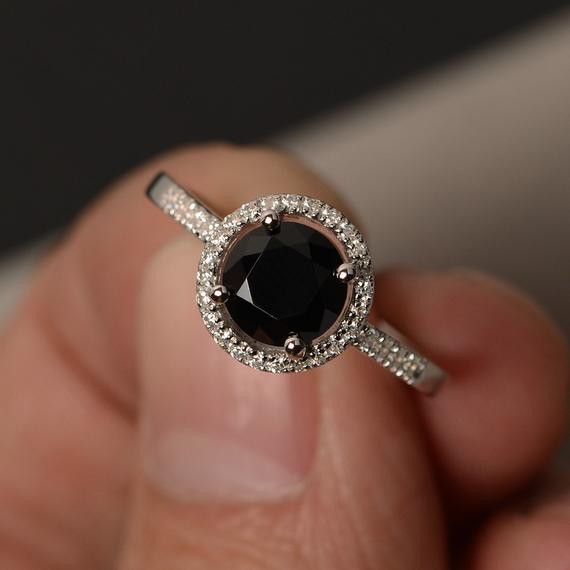 Rings Black Halo Ring Black Spinel Ring Promise Ring For Girl Round Cut Black Rings Engagement Ring Sterling Silver 925