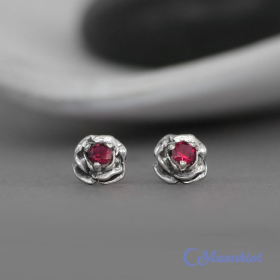 Flower Stud Earrings, Ruby Flower Earrings, Sterling Silver Rose Earrings | Moonkist Designs