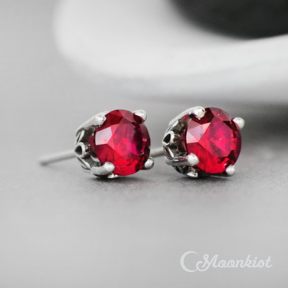 Deep Red Ruby Stud Earrings For Women, Sterling Silver Ruby Post Earrings, July Birthstone Earrings | Moonkist Designs
