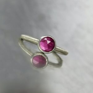 Shop Ruby Rings! Delicate Modern Rose-Cut Ruby Silver Ring Intense Pink Red Facets Romantic Boho Stacking Band July Birthstone Gift Idea Her – Cherry Moon | Natural genuine Ruby rings, simple unique handcrafted gemstone rings. #rings #jewelry #shopping #gift #handmade #fashion #style #affiliate #ad