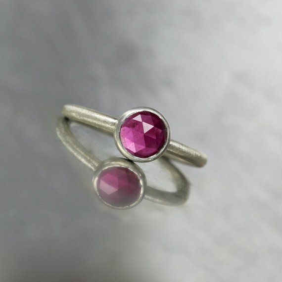 Delicate Modern Rose-cut Ruby Silver Ring Intense Pink Red Facets Romantic Boho Stacking Band July Birthstone Gift Idea Her - Cherry Moon