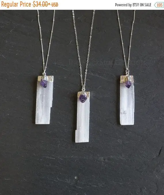 Selenite Necklace, Silver Selenite Necklace, Selenite Pendant, Amethyst Necklace, Raw Selenite, Selenite Wand, Selenite Jewelry