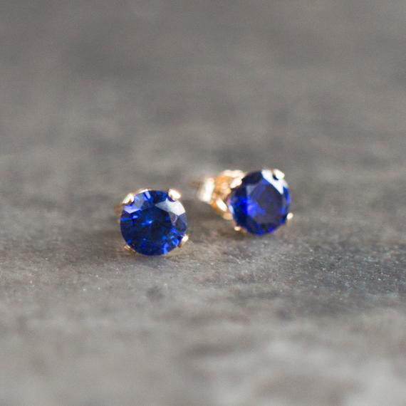 Blue Sapphire Cz Solitaire Stud Earrings In Gold Or Silver, Small Earrings, Minimalist Ear Studs Bridesmaids Gifts, Gift For Her