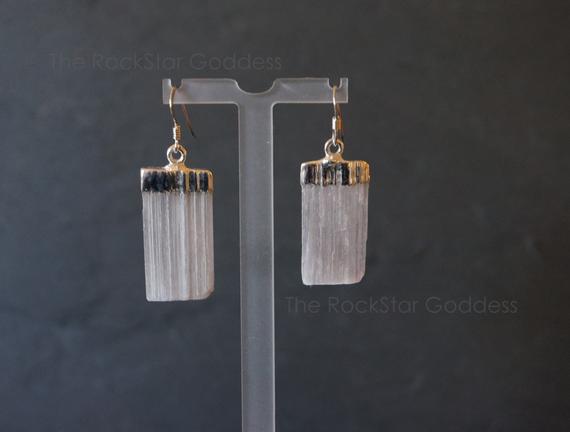 Selenite Earring, Silver Selenite, Selenite Crystal, Raw Selenite Earring, Selenite Wand, White Selenite, Gold Selenite Earring