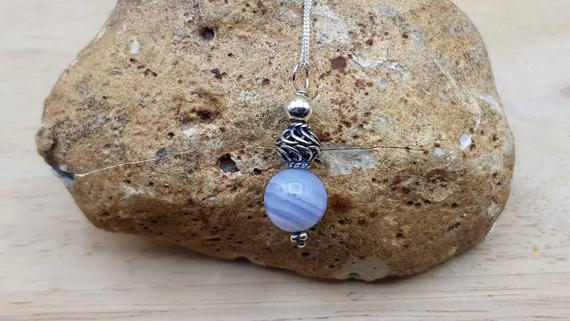 Small Blue Lace Agate Pendant Necklace. Minimalist Reiki Jewelry Uk. Pisces Jewelry. Bali Silver Sphere Necklace. 10mm Gemstone