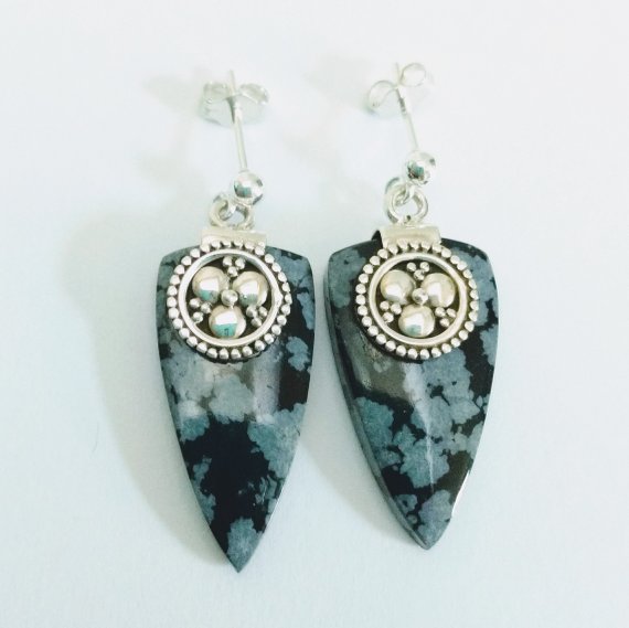 Snowflake Obsidian Earrings With Sterling Silver, 925 Silver Clover And Gemstone Post Earrings, Black Gemstone Jewelry, Statement Earrings