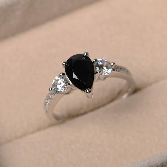 Natural Black Spinel Ring, Promise Ring, Pear Cut Spinel, Gemstone Ring, Sterling Silver Ring