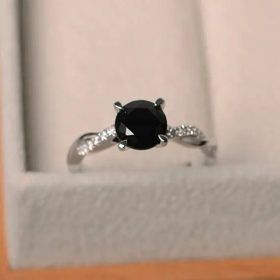 Natural Black Spinel Rings, Proposal Rings, Round Cut Black Gemstone, Sterling Silver Rings,gifts