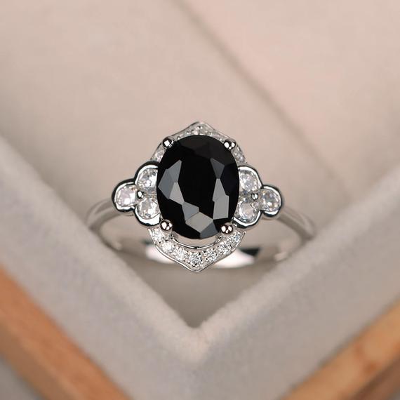 Oval Black Spinel Ring, Black Rings, Black Gemstone Ring, Engagement Ring, Sterling Silver