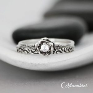 Shop Sapphire Rings! Stacking Ring Wedding Ring Set, Sterling Silver White Sapphire Engagement Ring Set with Swirl Band, Floral Bridal Set, Diamond Alternative | Natural genuine Sapphire rings, simple unique alternative gemstone engagement rings. #rings #jewelry #bridal #wedding #jewelryaccessories #engagementrings #weddingideas #affiliate #ad