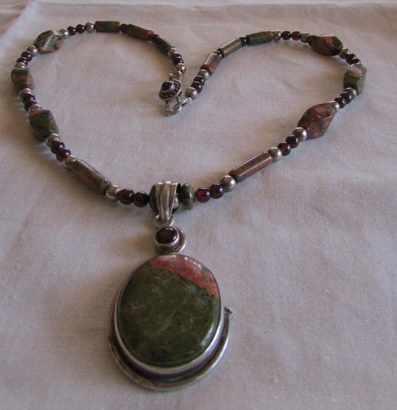 Sterling Silver Garnet And Unakite Necklace +