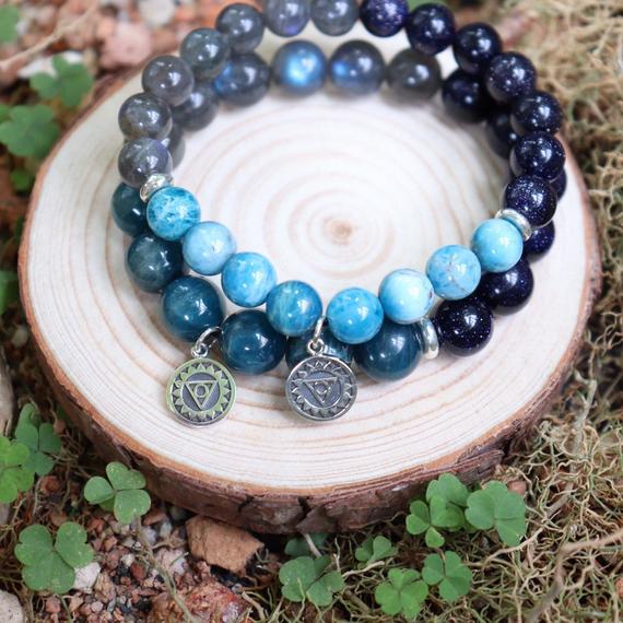 Apatite. Night Sky Blue Sandstone. Labradorite. Authentic Expression Energy Bracelet. Genuine Natural Gemstone.