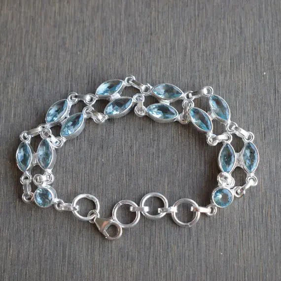 Natural Blue Topaz Bracelet, 925 Sterling Silver, Wedding Bracelet, Handmade Bracelet, Marquise Topaz Designer Bracelet, Gift For Her