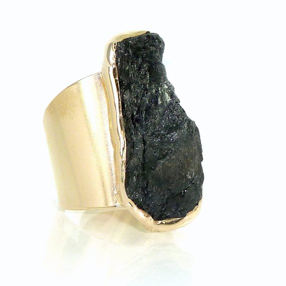 Tourmaline Ring, Raw Tourmaline Ring, Black Tourmaline Ring, Natural Stone Ring, Raw Crystal Ring, Black Gemstone Ring,gold Adjustable Ring.