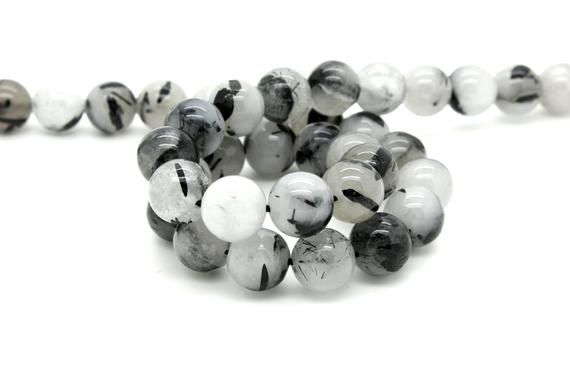 Natural Black Tourmaline Quartz Smooth Polished Round Ball Sphere Gemstone Bead Beads - Rn42