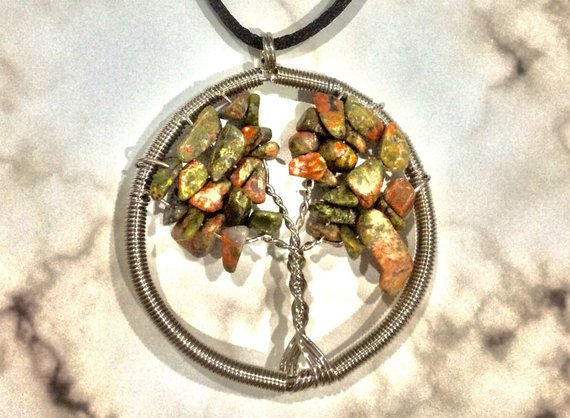 Tree Of Life Unakite Necklace, Healing Crystals, Heart Chakra, Jasper Pendant, Scorpio Jewelry, Energy Stone, Wire Wrapped, Balance